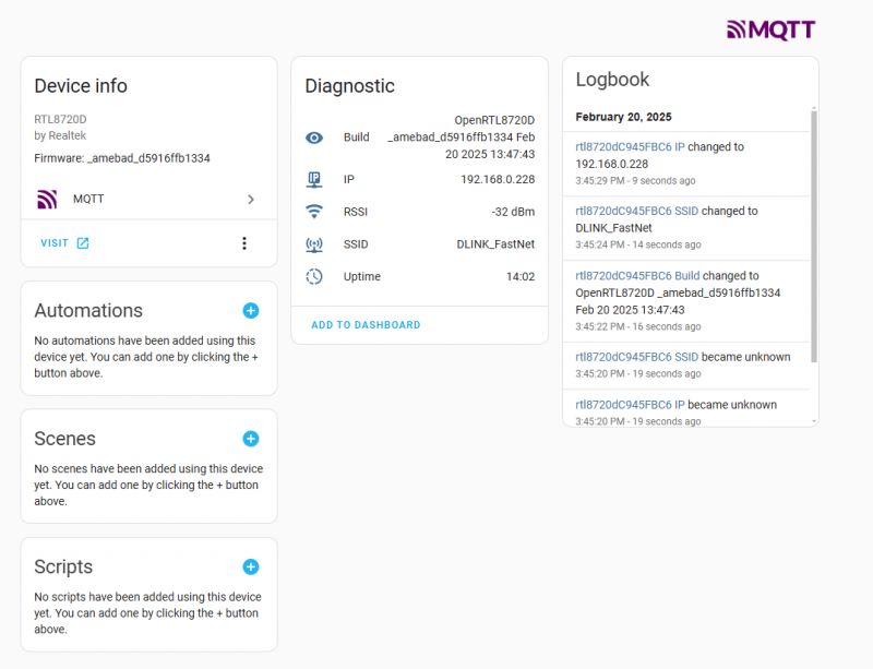 Screenshot of the device information panel with sections Device info, Diagnostic, and Logbook.