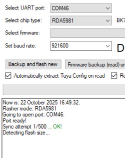 Flashing tool interface for RDA5981 chip using COM46 port