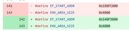 Change of EF_START_ADDR and ENV_AREA_SIZE values in C source code