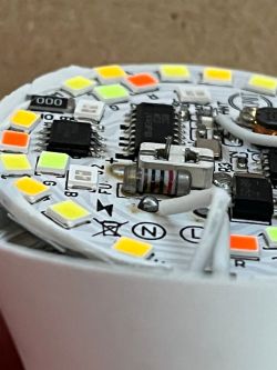 Close-up of an LED PCB board with visible explosion marks.