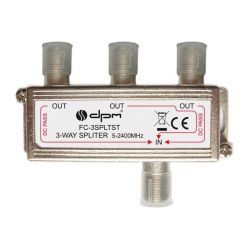 Metalowy rozgałęźnik antenowy dpm 3‑way splitter z czterema złączami F i oznaczeniami IN/OUT