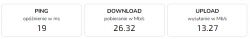 Wyniki testu prędkości internetu: ping 19 ms, pobieranie 26.32 Mb/s, wysyłanie 13.27 Mb/s.