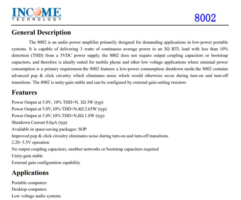 Datasheet page for 8002 audio power amplifier with general description and feature list