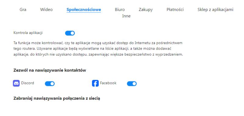 Panel kontroli aplikacji z włączonym dostępem do Discord i Facebooka