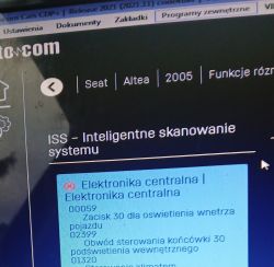 Zrzut ekranu z diagnostyki auta Seat Altea 2005, pokazujący błędy oświetlenia wnętrza.