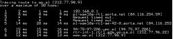 Zrzut ekranu z rezultatu polecenia tracert do wp.pl z niewieloma punktami wyjścia.