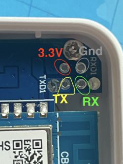 WiFi Water Leakage Detector PCB Close-up of the water leakage detector PCB with labeled connections 3.3V, TX, RX, and Gnd.