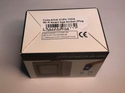 Box of ATLO-S1IP5-TUYA outdoor Wi-Fi socket with product label and CE marking.
