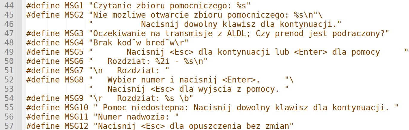 Komunikaty diagnostyczne w źródle programu monitorującego ALDL Zrzut ekranu zdefiniowanych komunikatów w kodzie programu diagnostycznego