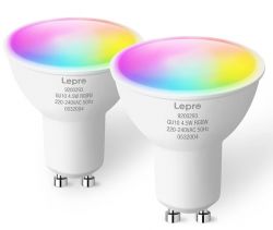 Two LED GU10 bulbs with rainbow-colored light.