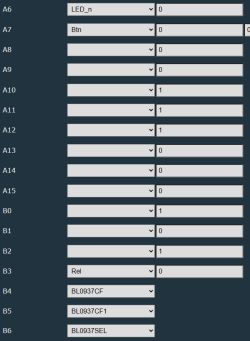 Interface with dropdown menus and numeric fields for ports A6–B6