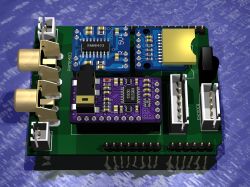 Electronic module with various components, including audio connectors and encoders.