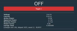 Screenshot showing the relay status in OFF mode with electrical values.