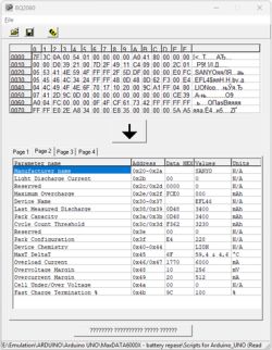 Zrzut ekranu BQ2060.exe z tabelą parametrów baterii i widokiem danych hex