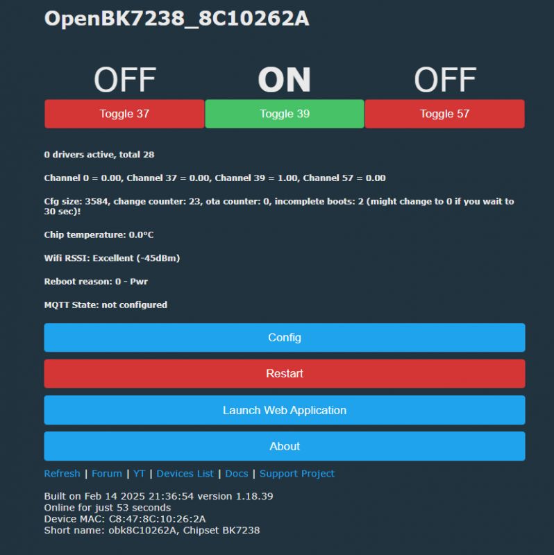 OpenBK7238 User Interface User interface of OpenBK7238 system with control buttons and status information.