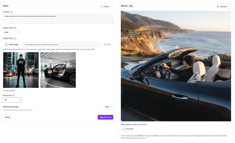 Screenshot of an AI tool interface generating a man driving a convertible on California coast