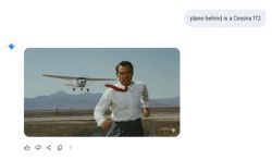 Mężczyzna w białej koszuli ucieka przed lecącym nisko samolotem na pustkowiu, w tle góry.