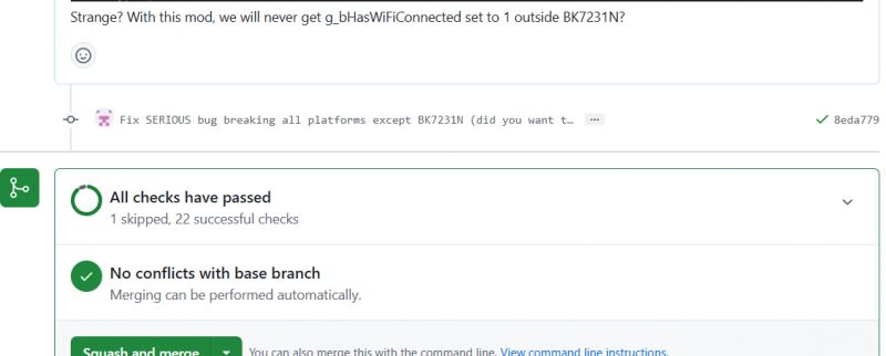 Screenshot of a Pull Request interface on a version control platform showing all checks passed with no conflicts.