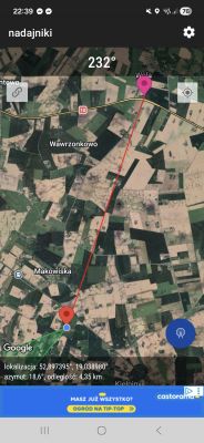 Zrzut ekranu mapy z linią do nadajnika, odległość 4,35 km i kierunek 232°