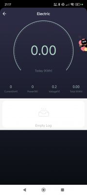 Energy Consumption Screen in App App screen showing energy consumption at 0.00 kWh.