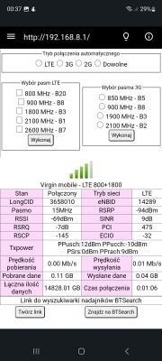 Zrzut ekranu z aplikacji na smartfonie pokazujący ustawienia i parametry sieci Virgin Mobile LTE 800+1800.