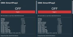Two screenshots of the control panel for smart plugs OBK-SmartPlug1 and OBK-SmartPlug2, both turned off.