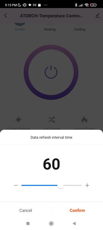 Setting Data Refresh Interval in ATORCH App Screenshot of the ATORCH app with a slider set to adjust the data refresh interval to 60 seconds.
