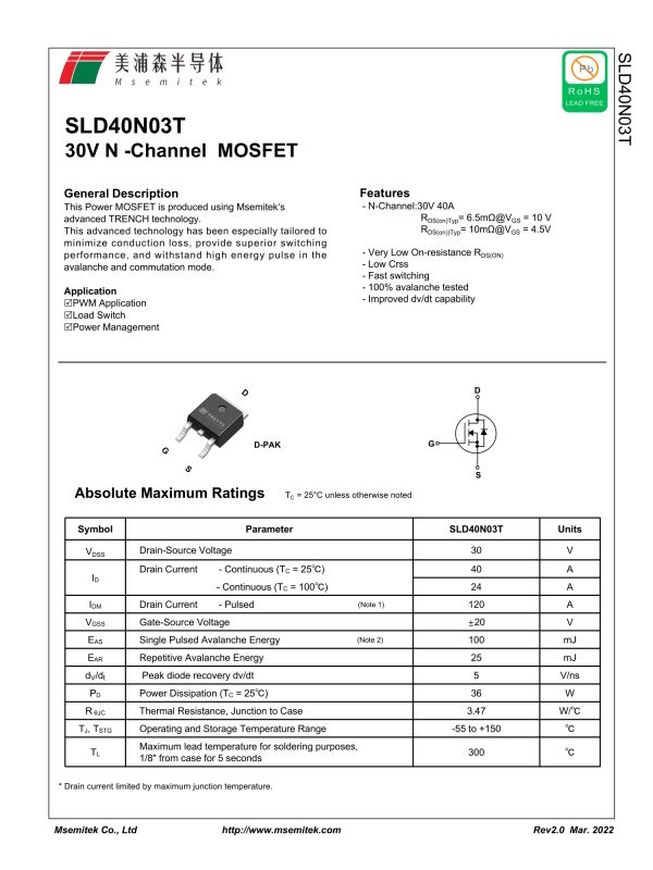 SLD40N03T Transistor Datasheet Specifications of the SLD40N03T transistor on a datasheet.
