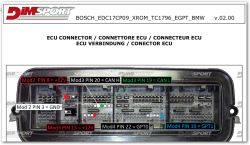 BOSCH ECU connector with labeled pins for power supply, CAN, ground, and GPT lines.