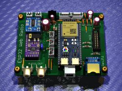 3D render of “ESP32 Web Radio” PCB with ESP32-S3 module, OLED header, and RCA audio outputs