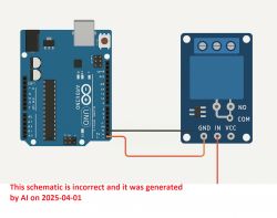 Schemat podłączenia modułu przekaźnika z Arduino Uno z błędami i komentarzem w czerwonym kolorze informującym o niepoprawności schematu.