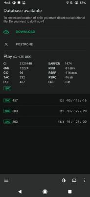 Zrzut ekranu z aplikacji pokazujący dane dotyczące połączenia sieci komórkowej 4G LTE operatora Play, w tym szczegóły takie jak CI, eNb, RSSI, RSRP, RSRQ i SNR.