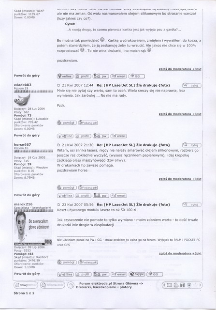 [HP LaserJet 5L] HP LaserJet 5L - Pasy i przesunięte linie podczas drukowania, co robić?