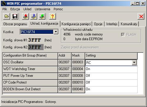 Winpic i programator COM86 - zawieszanie się podczas programowania PIC16F74