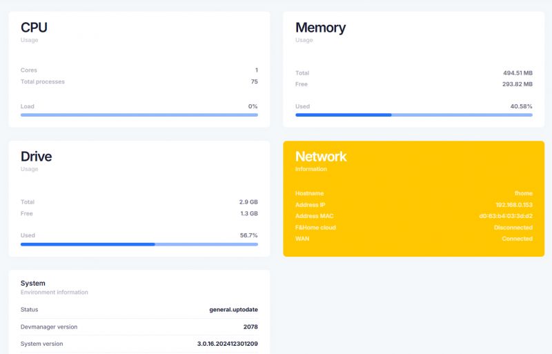 Monitoring dashboard showing CPU, RAM, drive usage and computer network and system information.