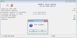 Zrzut ekranu z programu ISP: aktualizacja ETHM-1 Plus zatrzymana na 99% „Erasing” i okno „Error - try again?”