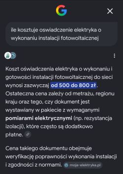Zrzut ekranu Google z wynikiem: koszt oświadczenia elektryka dla PV 500–800 zł.