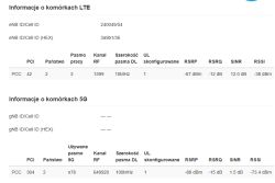 Zrzut ekranu z tabelą parametrów komórek LTE i 5G, m.in. RSRP, RSRQ, SINR i RSSI.