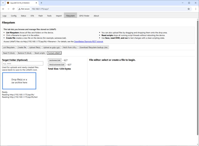 LittleFS file management interface in browser with open test folder and .bat files