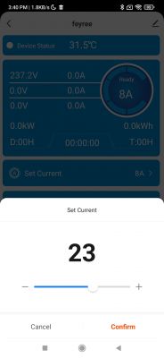 EV Charger Current Setting Screen in Tuya App Tuya app display showing EV charger status and settings.