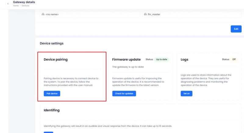Gateway settings panel with options for device pairing, firmware update, and logs.