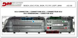 Photo of an ECU connector with labeled pins in a BOSCH EDC17C56 documentation for BMW by DIMSPORT.