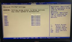 AMI BIOS screen on the PCI/PnP tab showing IRQ list marked as Available