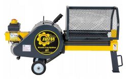 CDM kinetic log splitter with mesh guard over the work table and wheels, isolated on white