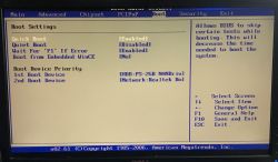 BIOS screen on the Boot tab showing boot settings and device priority for HDD and Realtek network