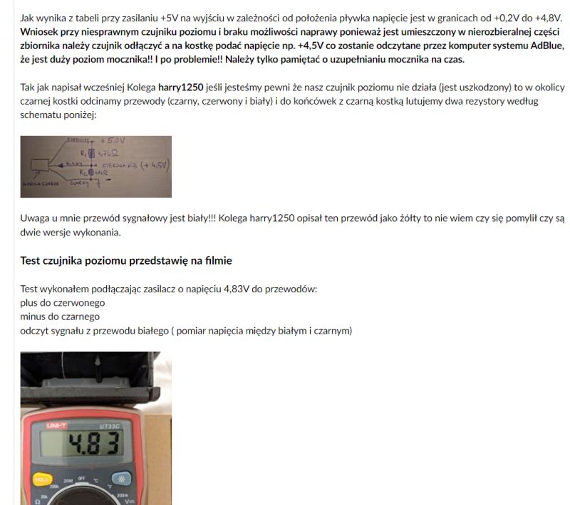 Screenshot from a forum with a description of an AdBlue level sensor test and an image of a meter displaying voltage.