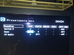 Ekran Denon z przypisywaniem wejść HDMI, zaznaczone HDMI 3 dla Switch 2