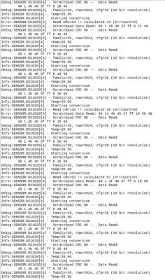 Screenshot of temperature sensor DS18B20 logs with CRC read errors