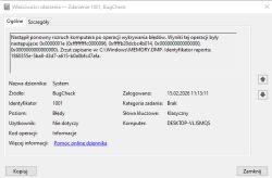Okno Podglądu zdarzeń Windows z wpisem „Zdarzenie 1001, BugCheck” i ścieżką do MEMORY.DMP