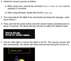 Zrzut ekranu przedstawiający instrukcję w języku angielskim dotyczącą wejścia w tryb DnX fastboot na tablecie, wraz z ilustracjami ekranu urządzenia pokazującymi tryb DnX oraz normalny rozruch.